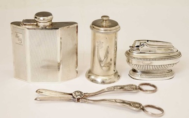 Silver-plated Art Deco style hip flask, pepper mill, table lighter, etc