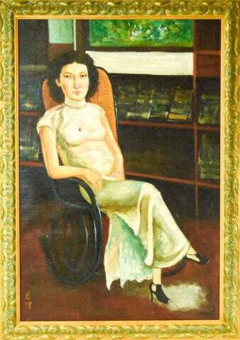 Singed Chinese Mid Century Oil Portrait Painting