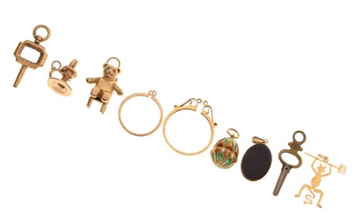 Small group of charms etc, including a 9ct gold teddy bear pendant