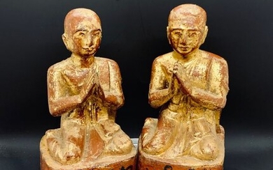 Statue (2) - Wood - Adorant de Bouddha - Burma - Early 20th century