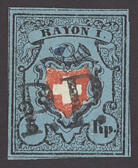 Switzerland 1850 "Rayon I" Unframed Cross 5r. red, black and blue (bleu-vertâtre), large margin...