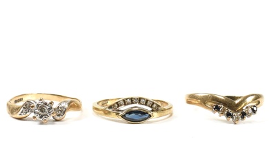 THREE HALLMARKED 9CT GOLD SAPPHIRE & DIAMOND RINGS
