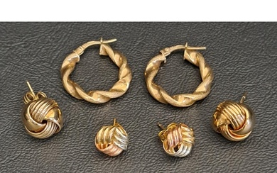 THREE PAIRS OF NINE CARAT GOLD EARRINGS comprising two pairs...