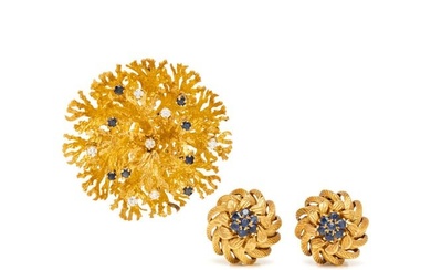 TIFFANY & CO., YELLOW GOLD AND MULTIGEM BROOCH AND EARCLIPS