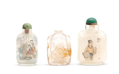 TWO INSIDE-PAINTED GLASS SNUFF BOTTLES AND A ROCK CRYSTAL 'CAT...