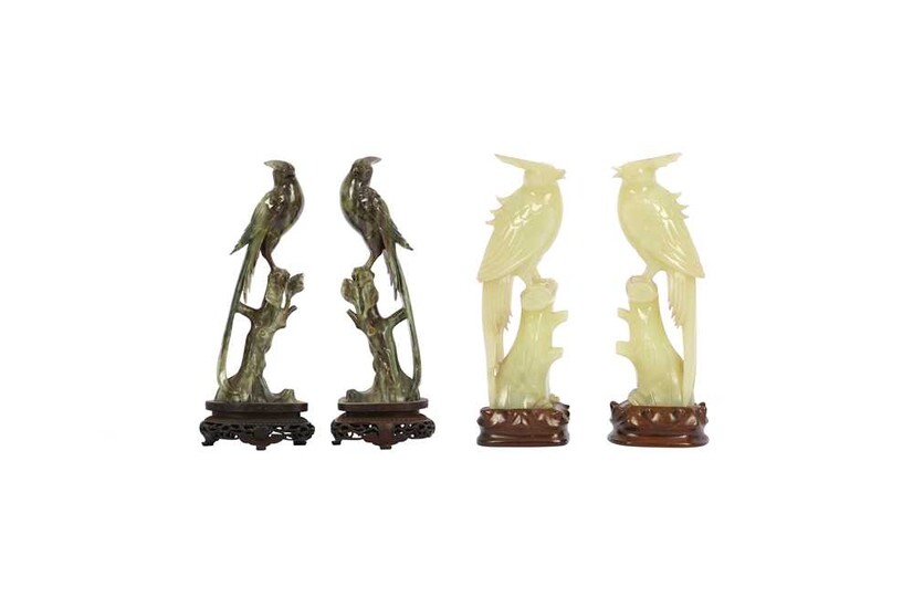 TWO PAIRS OF CHINESE HARDSTONE FIGURES OF PARADISE FLYCATCHERS.