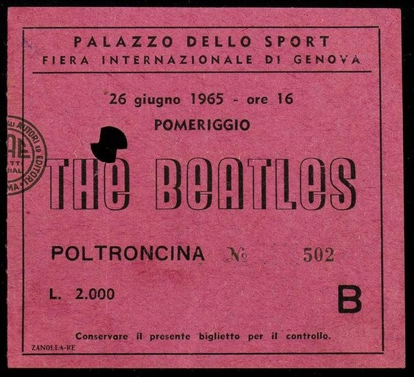 The Beatles: Genoa concert ticket, June 26, 1965