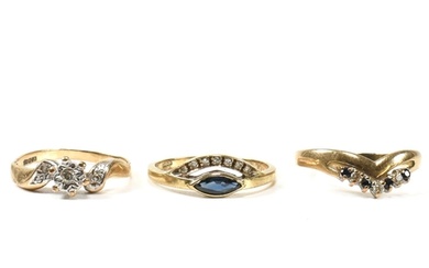Three 9ct gold, sapphire and diamond rings. The rings to inc...