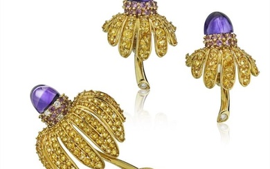Tiffany & Co. Circa 1990 18K Yellow Gold Yellow Sapphire Amethyst Tsavorite & Diamond Earrings &