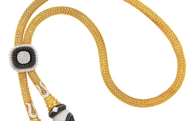 Two-Color Gold, Carved Black Onyx and Diamond Double Ram's Head Slide Lariat Necklace