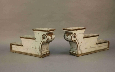 Two DECORATIVE ELEMENTS in the form of steps finished with white and gold lacquered wooden brackets. 18th century. Height : 42 cm Width : 87 cm (each)