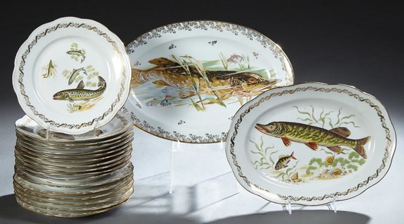 Two French Porcelain Fish Sets, 20th c., of seven