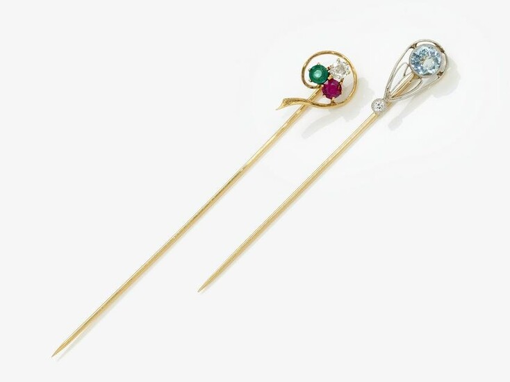 Two tie pins with aquamarine / diamond, ruby, emerald