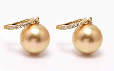 United Pearl - 11x12mm Round Golden South Sea Pearls - 14 kt. Yellow gold - Earrings - 0.18 ct