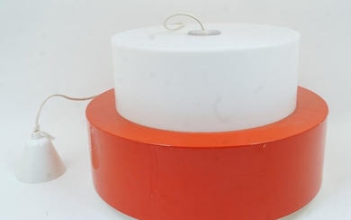 Uno and Östen Kristiansson (Swedish), a 'Cylindus' ceiling light for Luxus,c.1970,Of stepped cylindrical form, in white and orange lacquered plastic,25cm high, 35cm diameter (VAT charged on hammer price)It is the buyer's responsibility to ensure...