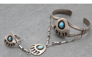 Unusual Navajo silver and turquoise bracelet, charm and ring...