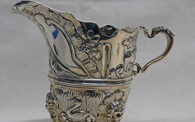 VICTORIAN SILVER CREAM JUG EMBOSSED WITH BIRDS, FOXES, ETC W...