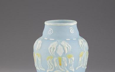 Vase France, circa 1915 Colorless glass, light blue underlay. Painted all around...