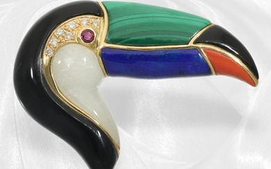 Very decorative and high quality brilliant-cut diamond/colour stone designer goldsmith brooch, "Pelican", 18K gold