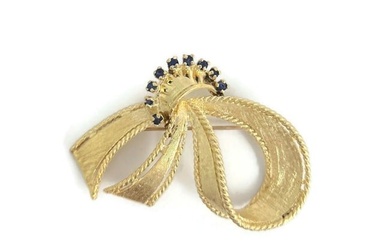 Vintage 1940's 1950's Sapphire Ribbon Bow Brooch 14K Yellow Gold, 10.54 Grams