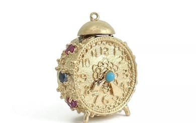 Vintage 1950's Ruby Sapphire Moveable Alarm Clock Charm 14K Yellow Gold, 10.74 G