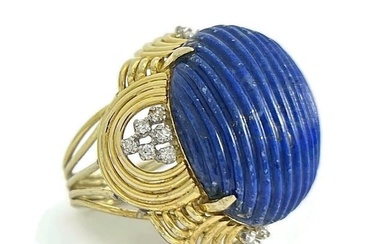Vintage 1960's Blue Lapis Lazuli Diamond Cocktail Ring 14K Yellow Gold, 22.93 Gr