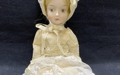 Vintage Porcelain Doll w White Lace Dress