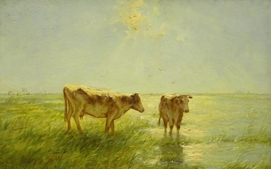 Willem Maris (1844-1910). Two short horned cows in wetlands,...