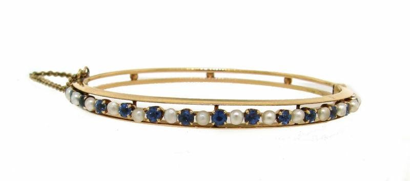YELLOW GOLD SAPPHIRES AND PEARLS VICTORIAN BANGLE