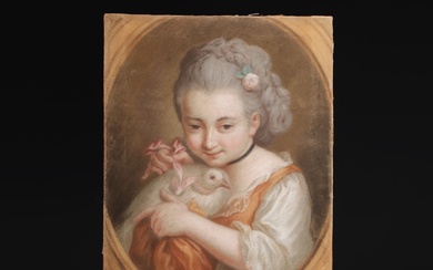 "Young Girl with Dove" French school, pastel portrait, 18th-19th century.