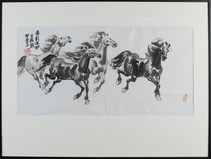 Zhan Zu Sjen. Chinese School. 21st century. Galloping horses. Indian ink on paper. Dimensions: H 48 x W 68 cm. In good condition.