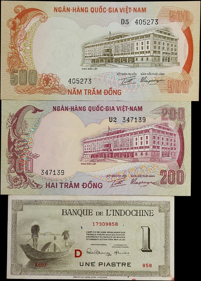 (t) MIXED LOTS. Lot of (3). Banque de l'Indochine & National Bank of Vietnam. 1 Piastre, 200 & 500 Dong, ND (1945-72). P-32, 33, & 76bD.