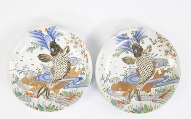 wo Japanese plates, decorated with fish and river, ca 1900