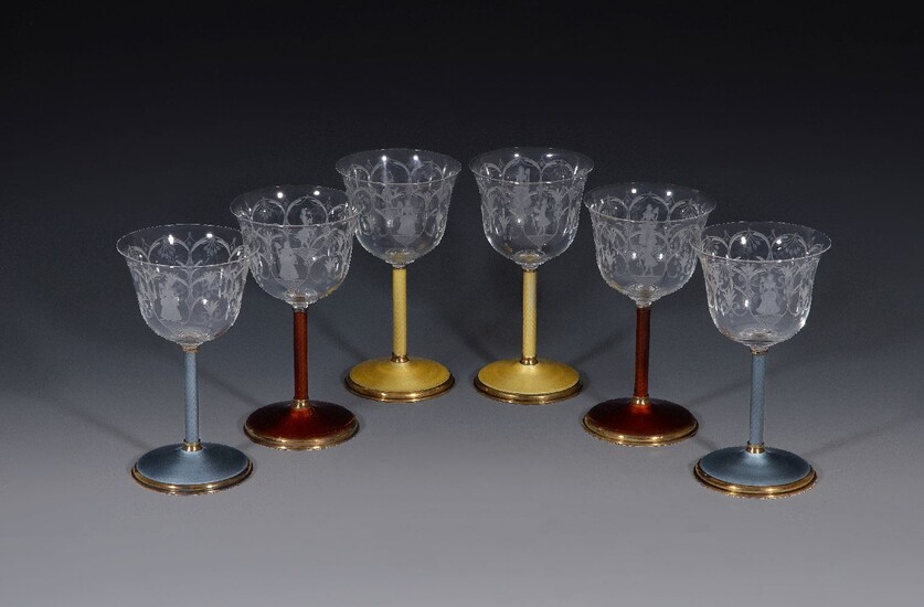 Asprey, a set of six Italian silver gilt, enamel and glass wine glasses