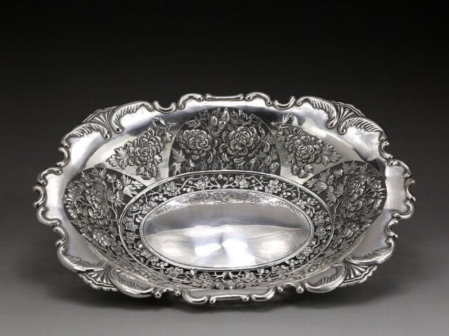 Pure Silver Embossed Fruit Basket in Qing Dynasty