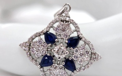 0.80 ct Blue Sapphire & 0.90 Light Pink Diamond Pendant - 2.32 gr - Pendant - 14 kt. White gold Sapphire - Diamond