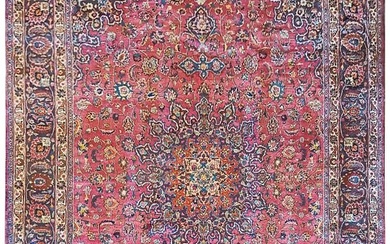 10 x 12 SIGNED Persian Mashad Traditional Rich Red Blue Rug