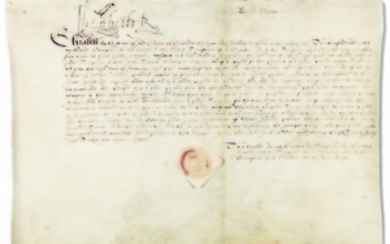 ELIZABETH I (1533-1603). Document signed (“Elizabeth R”), letters patent addressed to her treasurer of the chamber, Sir Francis Knollys (1511/12-1596), Havering Palace, 10 July 1568.