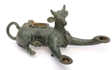 Roman Bronze Two-Spouted Lamp in the form of a Bull...