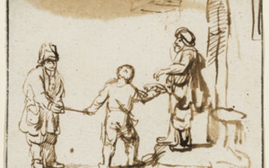 Samuel van Hoogstraten (Dordrecht 1627-1678), A boy leading a blind man to receive alms