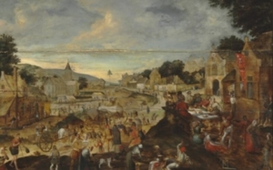 Sebastian Vrancx, circle of, first half of the 17th century: A village feast. Unsigned. Oil on panel. 78 x 109 cm.