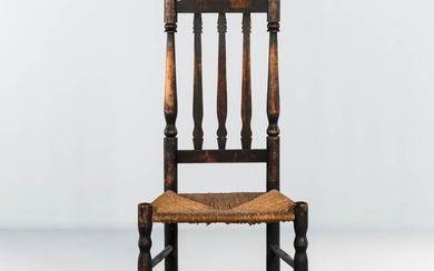 Black-painted Bannister-back Side Chair, probably Massachusetts, 18th century, the shaped crest above a three-baluster back, on rush se