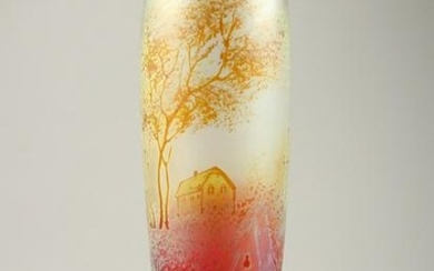 A LARGE ART NOUVEAU GLASS VASE, painted with a Dutch