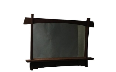 Robert Ortiz Mahogany Mirror, Chesterton, Maryland, plate set frame of curved elements, single shelf above apron with three wrought iro
