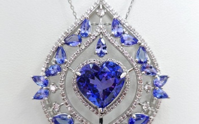 11.60 ct Purplish Blue Tanzanite & 1.45 ct N.Fancy Pink Diamond Pendant - 10.80 gr - 14 kt. White gold - Pendant - 7.10 ct Tanzanite - Diamond