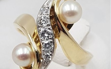 14 kt. Yellow gold - Ring - 0.22 ct Diamond - Pearl