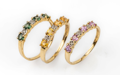 14 kt gold coloured stone-diamond-ring trio , YG 585/000, 1...