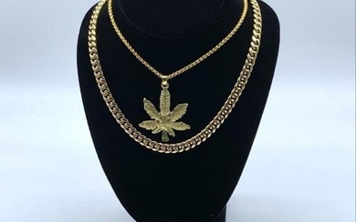 14K Gold Plated Chain & Bracelet with Marijuana Leaf Necklace