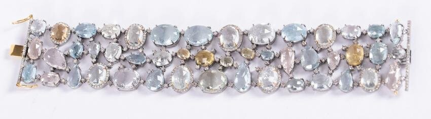 14K Gold and Silver Aquamarine Cut Diamond Bracelet