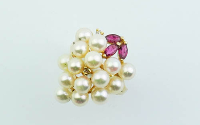 14K YELLOW GOLD, DIAMOND, RUBY AND CULTURED PEARL GRAPE-CLUSTER DESIGN...
